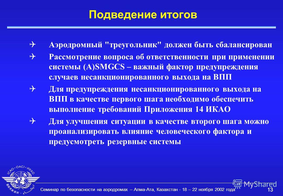 Семинар по безопасности на аэродромах – Алма-Ата, Казахстан - 18 – 22 ноября 2002 года 13 Подведение итогов QАэродромный 