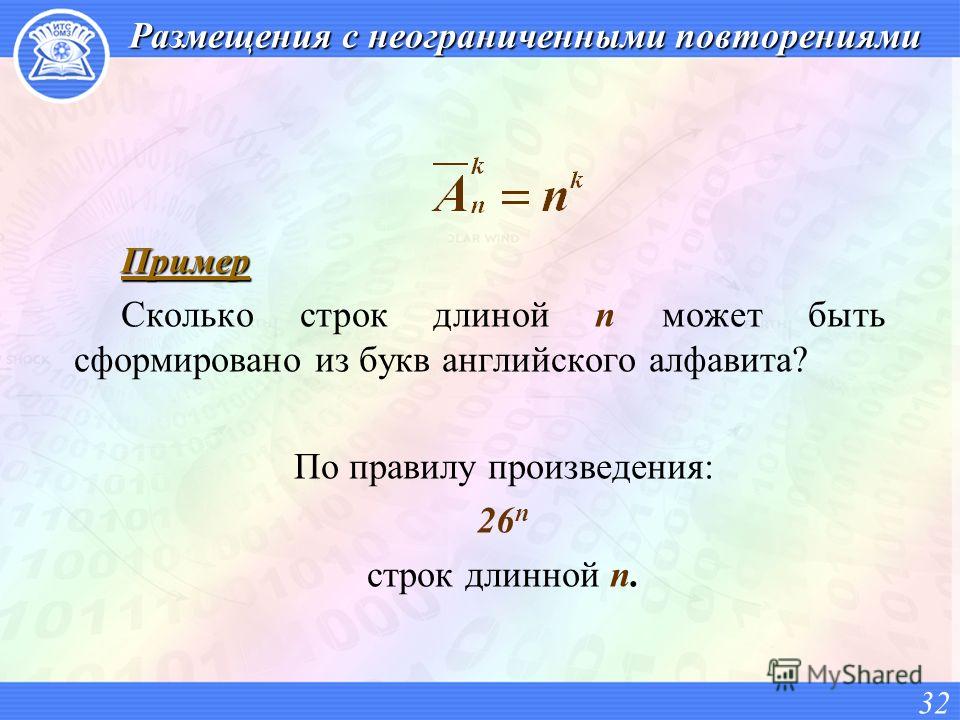 Размещения с неограниченными повторениями Пример Сколько строк длиной n может быть сформировано из букв английского алфавита? По правилу произведения: 26 n строк длинной n. 32