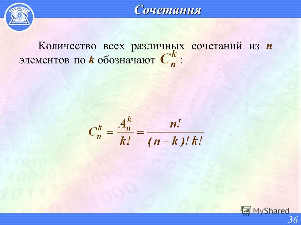 Сочетания Количество всех различных сочетаний из n элементов по k обозначают : 36