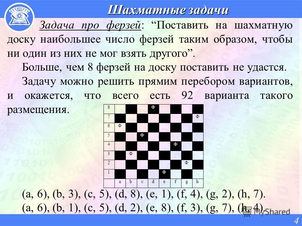 Шахматные задачи Задача про ферзей: Поставить на шахматную доску наибольшее число ферзей таким образом, чтобы ни один из них не мог взять другого. Больше, чем 8 ферзей на доску поставить не удастся. Задачу можно решить прямим перебором вариантов, и о