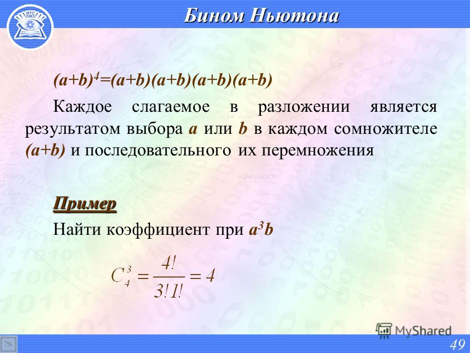 Бином Ньютона (a+b) 4 =(a+b)(a+b)(a+b)(a+b) Каждое слагаемое в разложении является результатом выбора а или b в каждом сомножителе (a+b) и последовательного их перемноженияПример Найти коэффициент при a 3 b 49