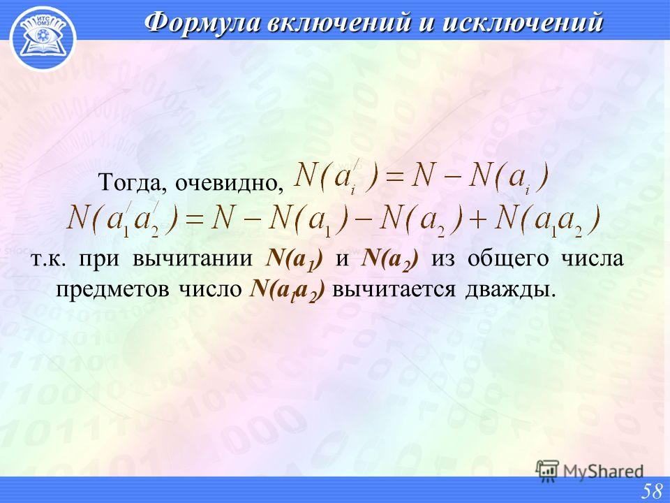 Формула включений и исключений Тогда, очевидно, т.к. при вычитании N(а 1 ) и N(a 2 ) из общего числа предметов число N(a l a 2 ) вычитается дважды. 58