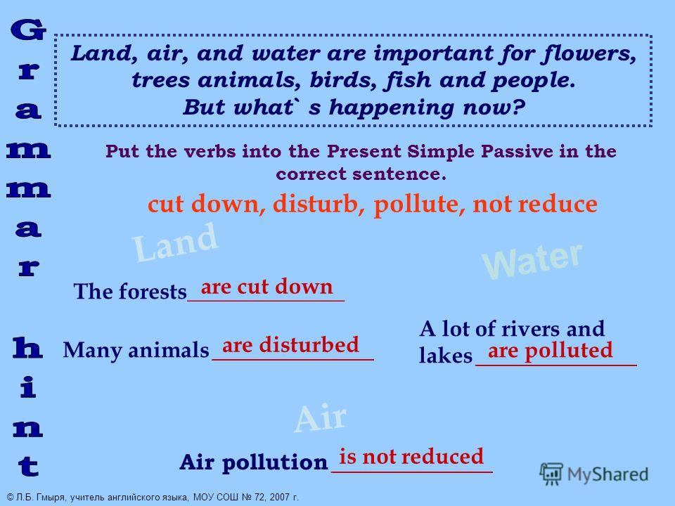 Land, air, and water are important for flowers, trees animals, birds, fish and people. But what` s happening now? Land Water The forests______________ Many animals __________ Air A lot of rivers and lakes __________ Air pollution __________ cut down,