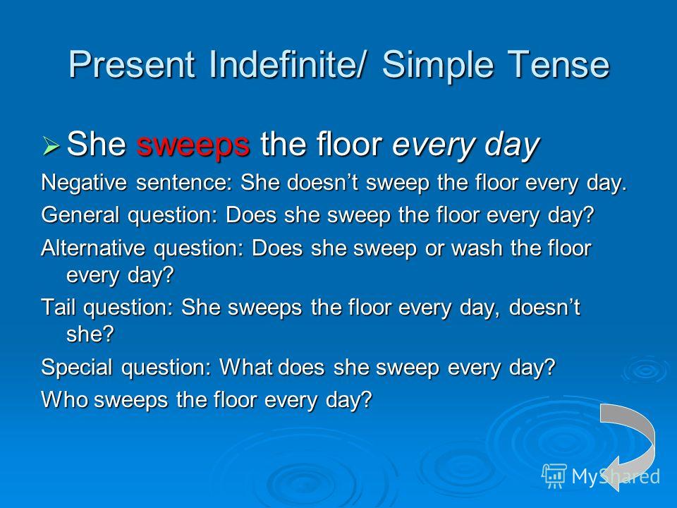 Present Indefinite/ Simple Tense She sweeps the floor every day She sweeps the floor every day Negative sentence: She doesnt sweep the floor every day. General question: Does she sweep the floor every day? Alternative question: Does she sweep or wash