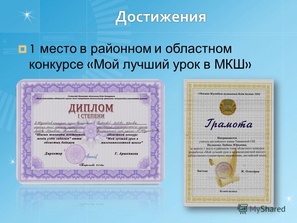 Достижения 1 место в районном и областном конкурсе « Мой лучший урок в МКШ »