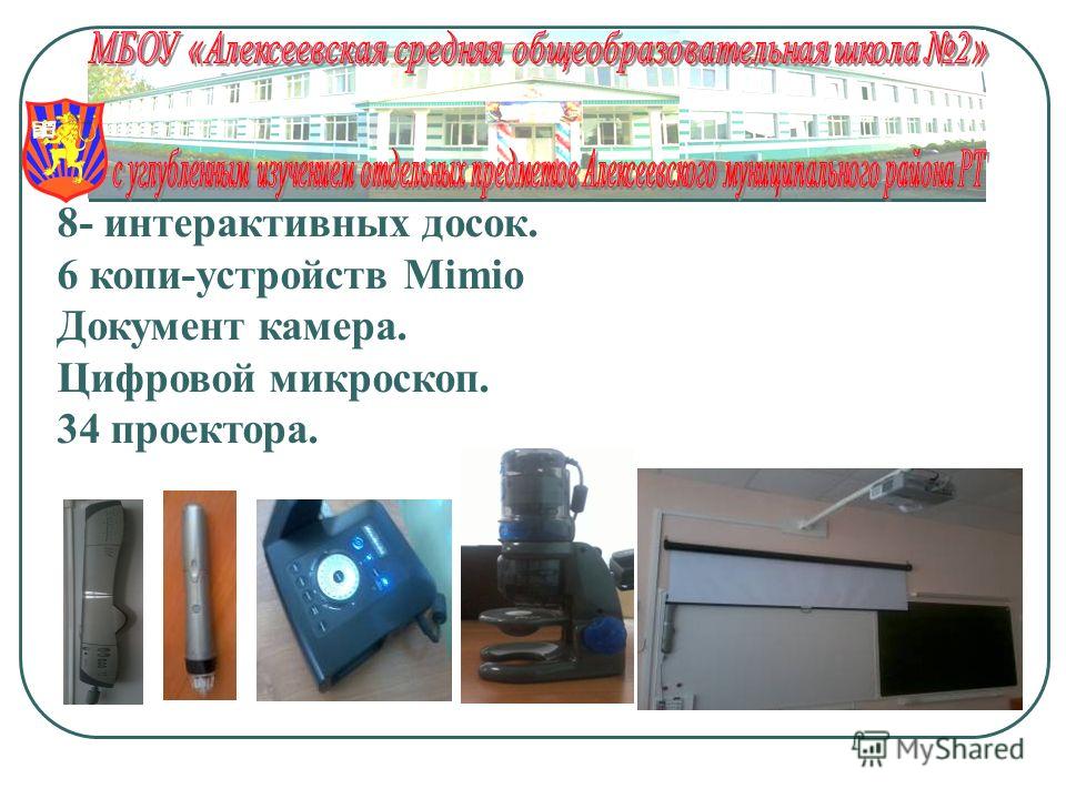 8- интерактивных досок. 6 копи-устройств Mimio Документ камера. Цифровой микроскоп. 34 проектора.