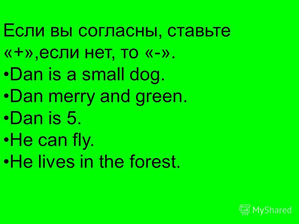 Если вы согласны, ставьте «+»,если нет, то «-». Dan is a small dog. Dan merry and green. Dan is 5. He can fly. He lives in the forest.