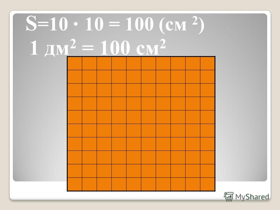 S =10. 10 = 100 (см 2 ) 1 дм 2 = 100 см 2