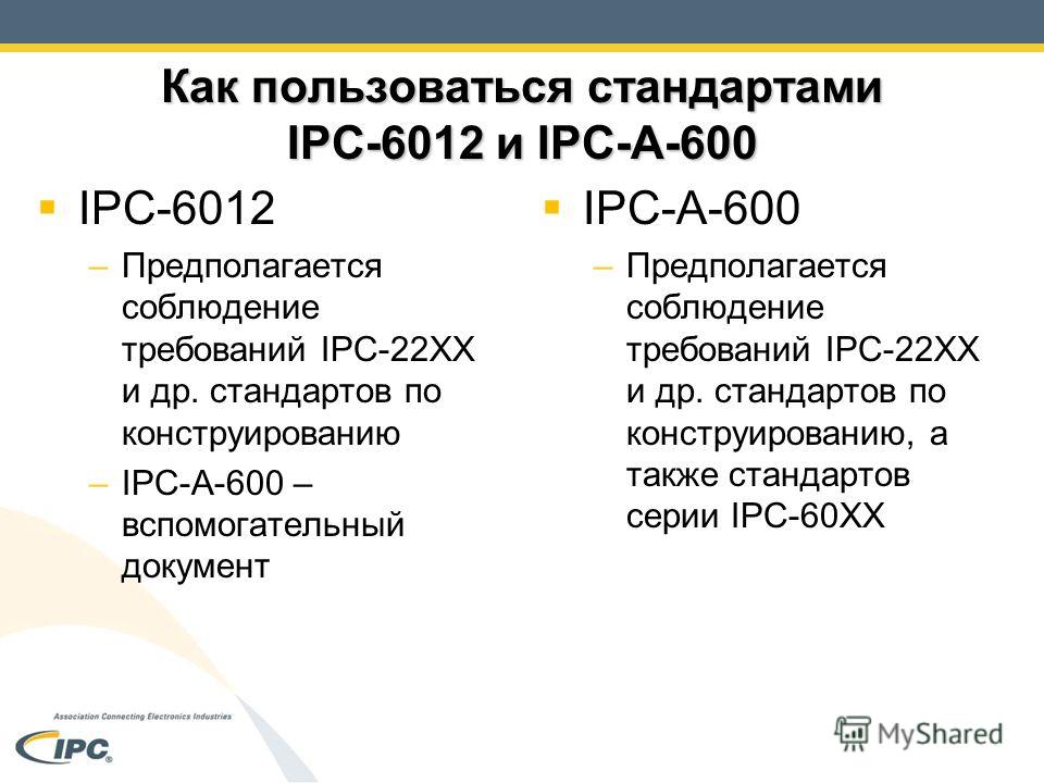 Как пользоваться стандартами IPC-6012 и IPC-A-600 IPC-6012 –Предполагается соблюдение требований IPC-22XX и др. стандартов по конструированию –IPC-A-600 – вспомогательный документ IPC-A-600 –Предполагается соблюдение требований IPC-22XX и др. стандар