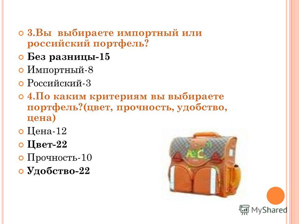 3.Вы выбираете импортный или российский портфель? Без разницы-15 Импортный-8 Российский-3 4.По каким критериям вы выбираете портфель?(цвет, прочность, удобство, цена) Цена-12 Цвет-22 Прочность-10 Удобство-22