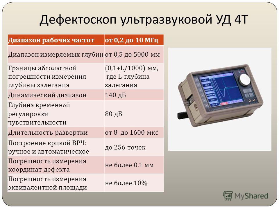 Дефектоскоп ультразвуковой УД 4 Т Диапазон рабочих частотот 0,2 до 10 МГц Диапазон измеряемых глубинот 0,5 до 5000 мм Границы абсолютной погрешности измерения глубины залегания (0,1+L/1000) мм, где L-глубина залегания Динамический диапазон140 дБ Глуб