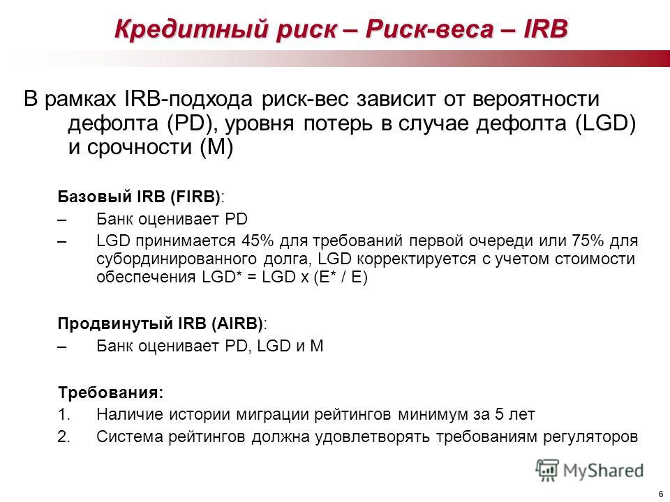 6 Кредитный риск – Риск-веса – IRB В рамках IRB-подхода риск-вес зависит от вероятности дефолта (PD), уровня потерь в случае дефолта (LGD) и срочности (M) Базовый IRB (FIRB): –Банк оценивает PD –LGD принимается 45% для требований первой очереди или 7