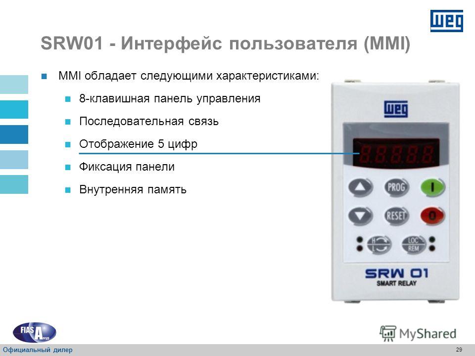 28 SRW01 - Интерфейс пользователя (MMI) С помощью MMI доступны следующие функции: Мониторинг Определение параметров Работа двигателя Функция копирования: можно сохранить до 3 настроек и/ или 3 программ пользователя MMI можно подключать и отключать бе