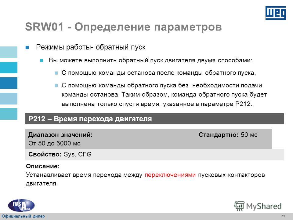 70 SRW01 - Определение параметров 24 В постоянного тока 110 В переменного тока Operation Mode – Reverse Start Цифровой ввод и вывод Функция Логическое управление 3 кабеля (нажимная кнопка) Логическое управление 2 кабеля (переключатель) I1Кнопка дляСв