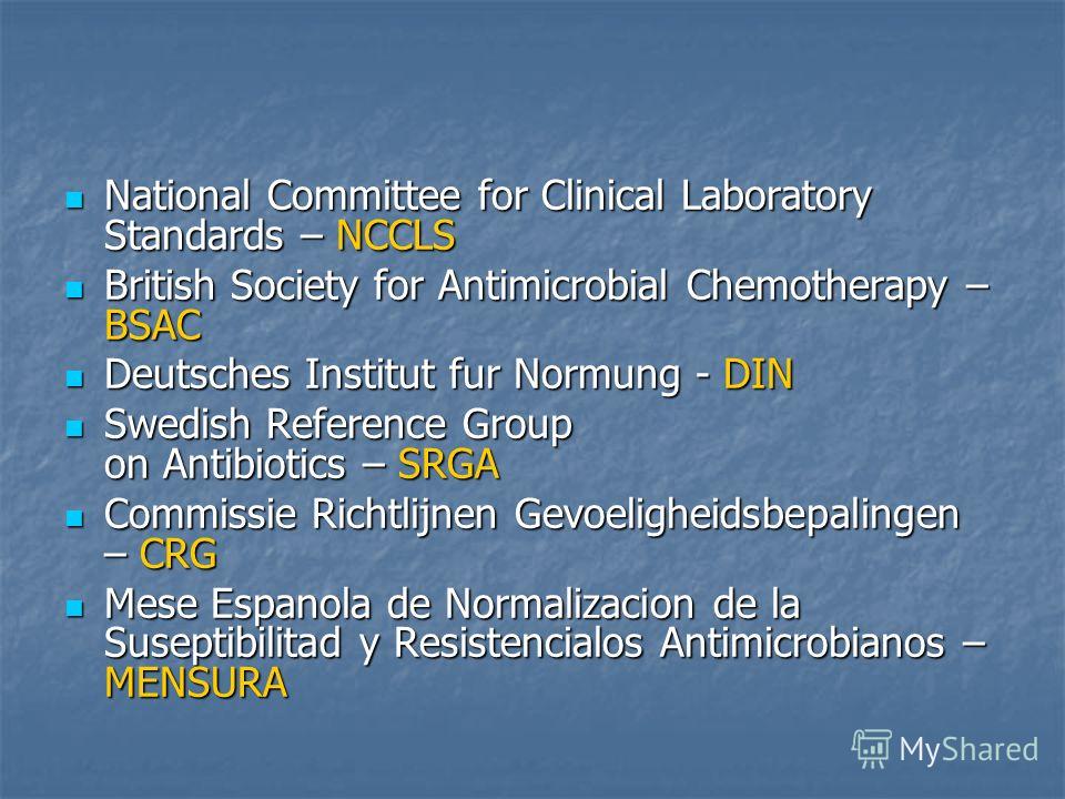 National Committee for Clinical Laboratory Standards – NCCLS National Committee for Clinical Laboratory Standards – NCCLS British Society for Antimicrobial Chemotherapy – BSAC British Society for Antimicrobial Chemotherapy – BSAC Deutsches Institut f