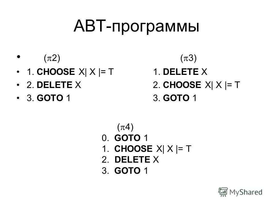 ABT-программы ( 2)( 3) 1. CHOOSE X| X |= T1. DELETE X 2. DELETE X2. CHOOSE X| X |= T 3. GOTO 13. GOTO 1 ( 4) 0. GOTO 1 1. CHOOSE X| X |= T 2. DELETE X 3. GOTO 1
