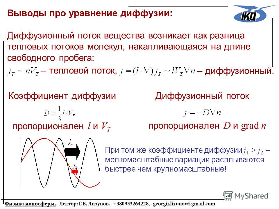 Выводы про уравнение диффузии: Диффузионный поток вещества возникает как разница тепловых потоков молекул, накапливающаяся на длине свободного пробега: – тепловой поток, – диффузионный. Коэффициент диффузии пропорционален l и V T Диффузионный поток п