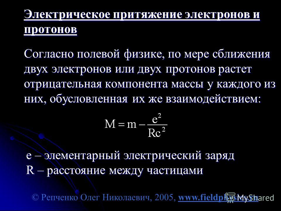 © Репченко Олег Николаевич, 2005, www.fieldphysics.ru Электрическое притяжение электронов и протонов Согласно полевой физике, по мере сближения двух электронов или двух протонов растет отрицательная компонента массы у каждого из них, обусловленная их