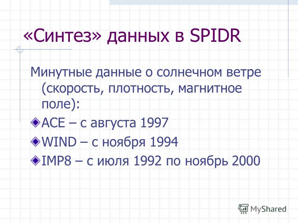 «Синтез» данных в SPIDR Минутные данные о солнечном ветре (скорость, плотность, магнитное поле): ACE – с августа 1997 WIND – с ноября 1994 IMP8 – с июля 1992 по ноябрь 2000