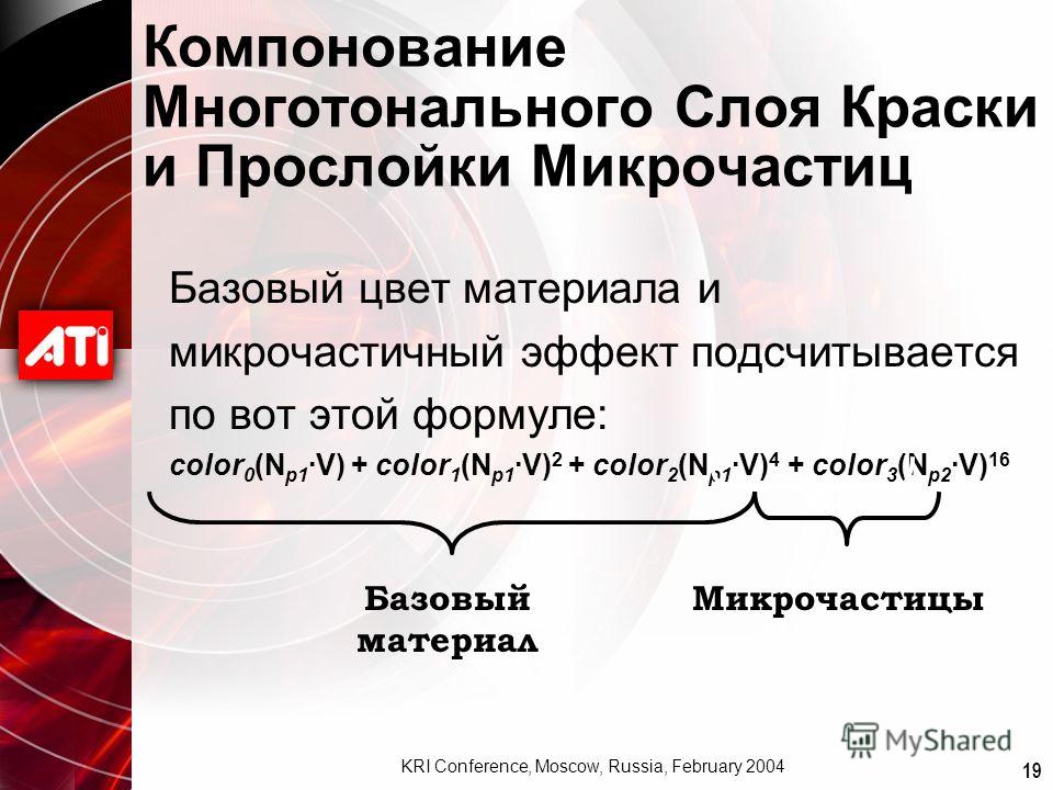 19 KRI Conference, Moscow, Russia, February 2004 Компонование Многотонального Слоя Краски и Прослойки Микрочастиц Базовый цвет материала и микрочастичный эффект подсчитывается по вот этой формуле: color 0 (N p1 ·V) + color 1 (N p1 ·V) 2 + color 2 (N 
