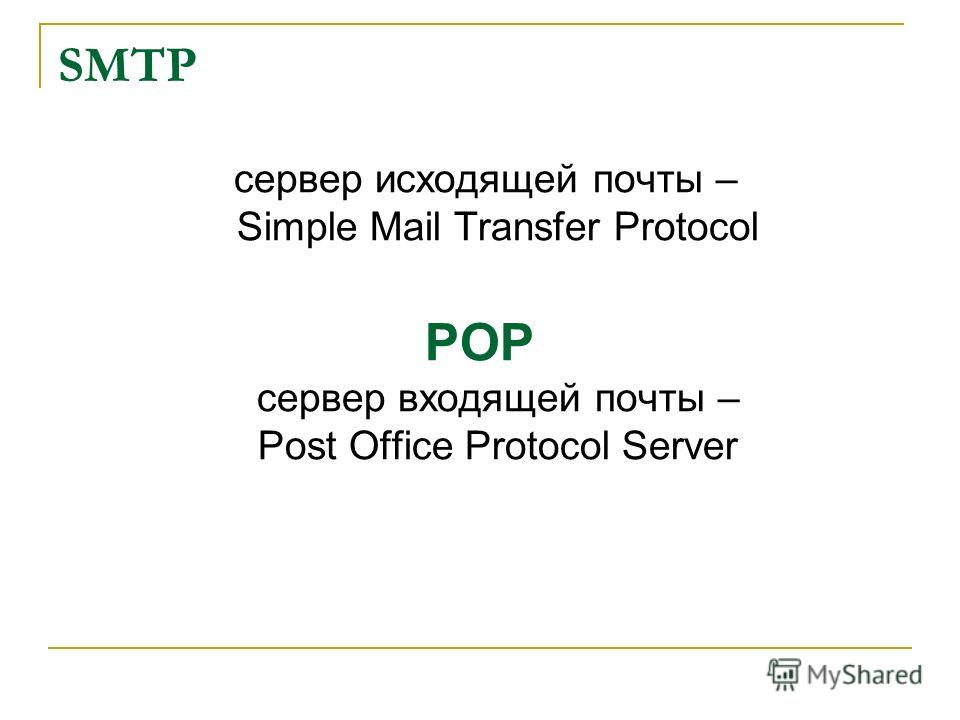 SMTP сервер исходящей почты – Simple Mail Transfer Protocol POP сервер входящей почты – Post Office Protocol Server