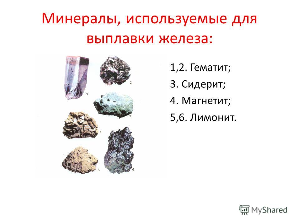 Минералы, используемые для выплавки железа: 1,2. Гематит; 3. Сидерит; 4. Магнетит; 5,6. Лимонит.