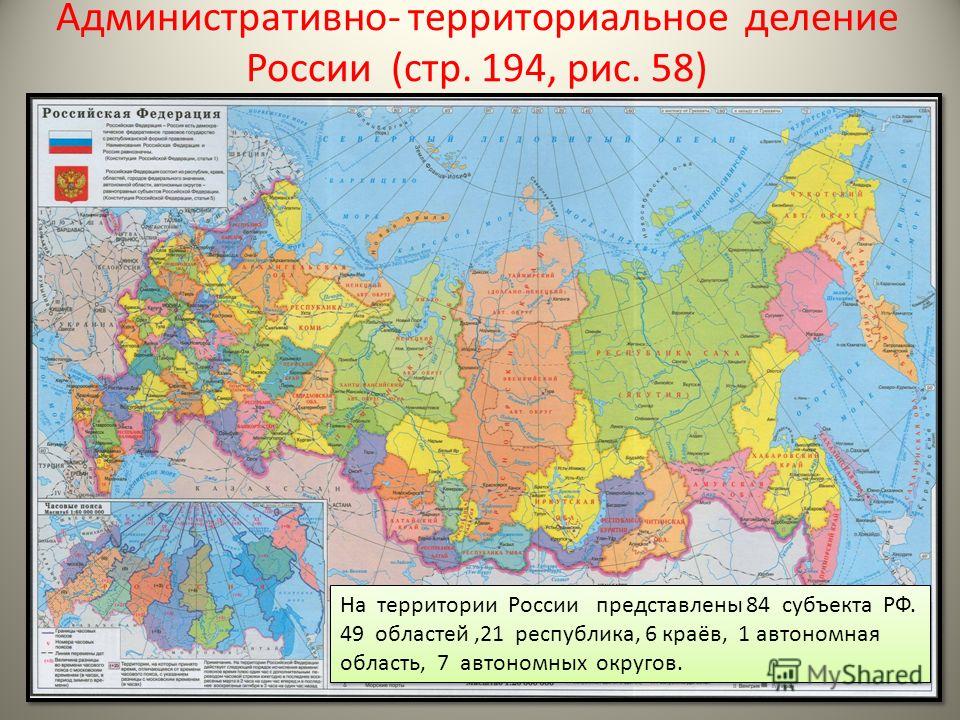 Административно- территориальное деление России (стр. 194, рис. 58) На территории России представлены 84 субъекта РФ. 49 областей,21 республика, 6 краёв, 1 автономная область, 7 автономных округов. На территории России представлены 84 субъекта РФ. 49