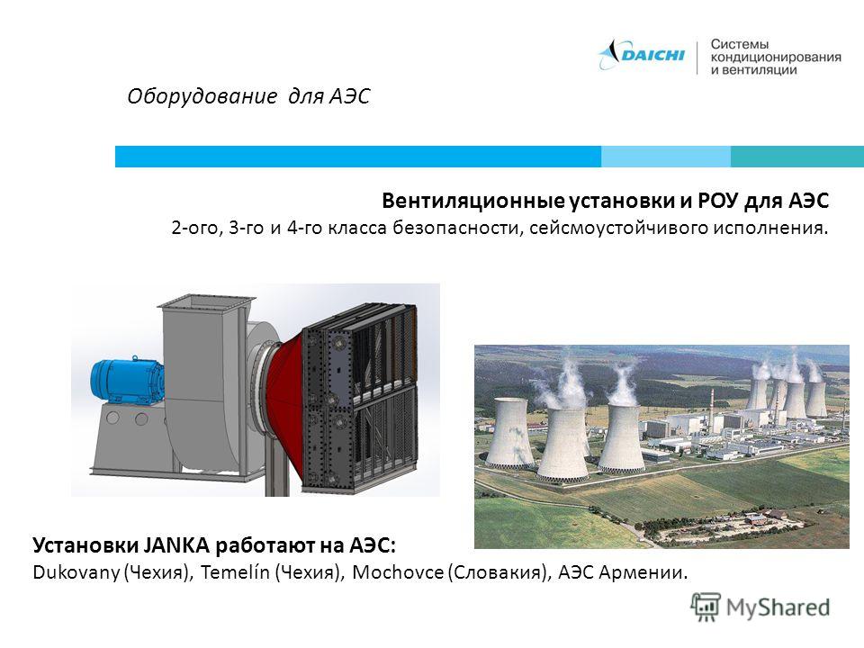 Оборудование для АЭС Вентиляционные установки и РОУ для АЭС 2-ого, 3-го и 4-го класса безопасности, сейсмоустойчивого исполнения. Установки JANKA работают на АЭС: Dukovany (Чехия), Temelín (Чехия), Mochovce (Словакия), АЭС Армении.