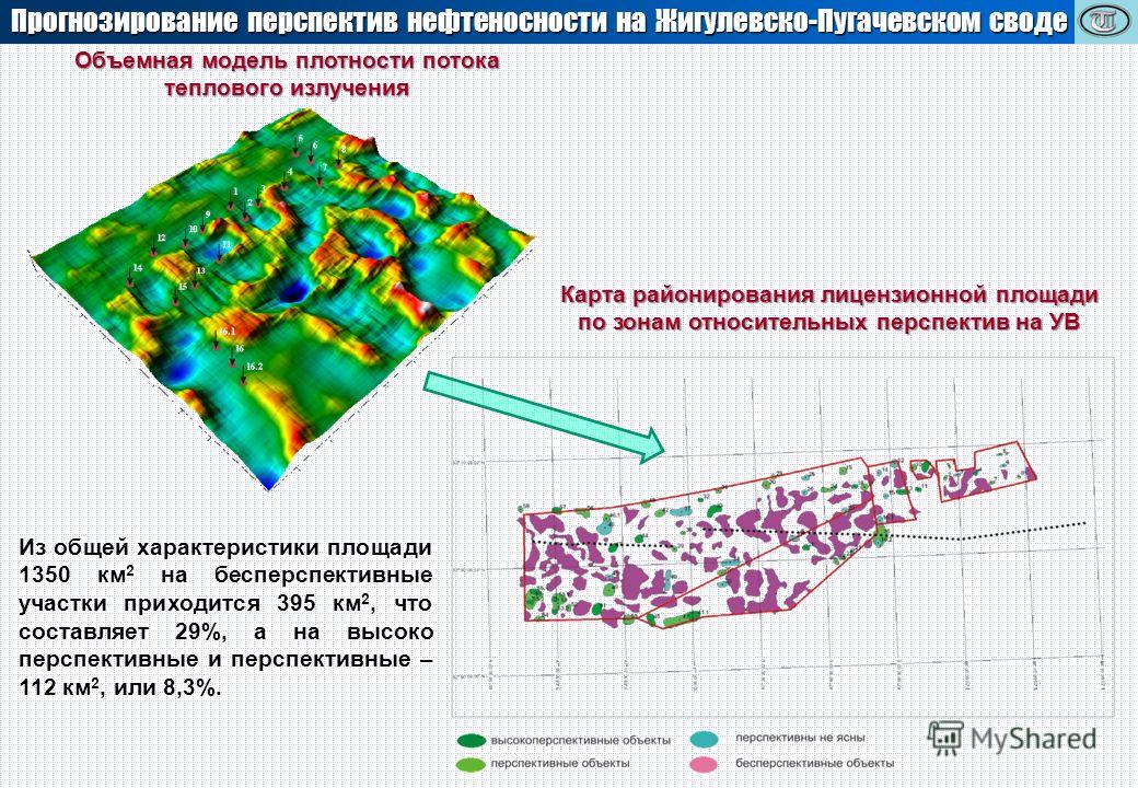 Прогнозирование перспектив нефтеносности на Жигулевско-Пугачевском своде Из общей характеристики площади 1350 км 2 на бесперспективные участки приходится 395 км 2, что составляет 29%, а на высоко перспективные и перспективные – 112 км 2, или 8,3%. Ка