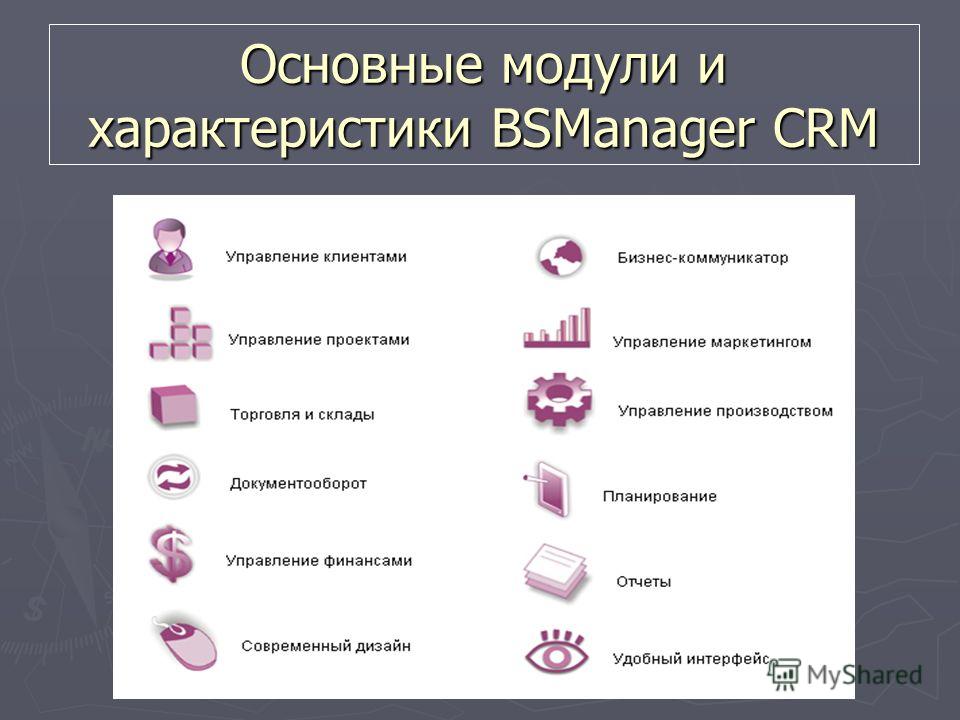Основные модули и характеристики BSManager CRM