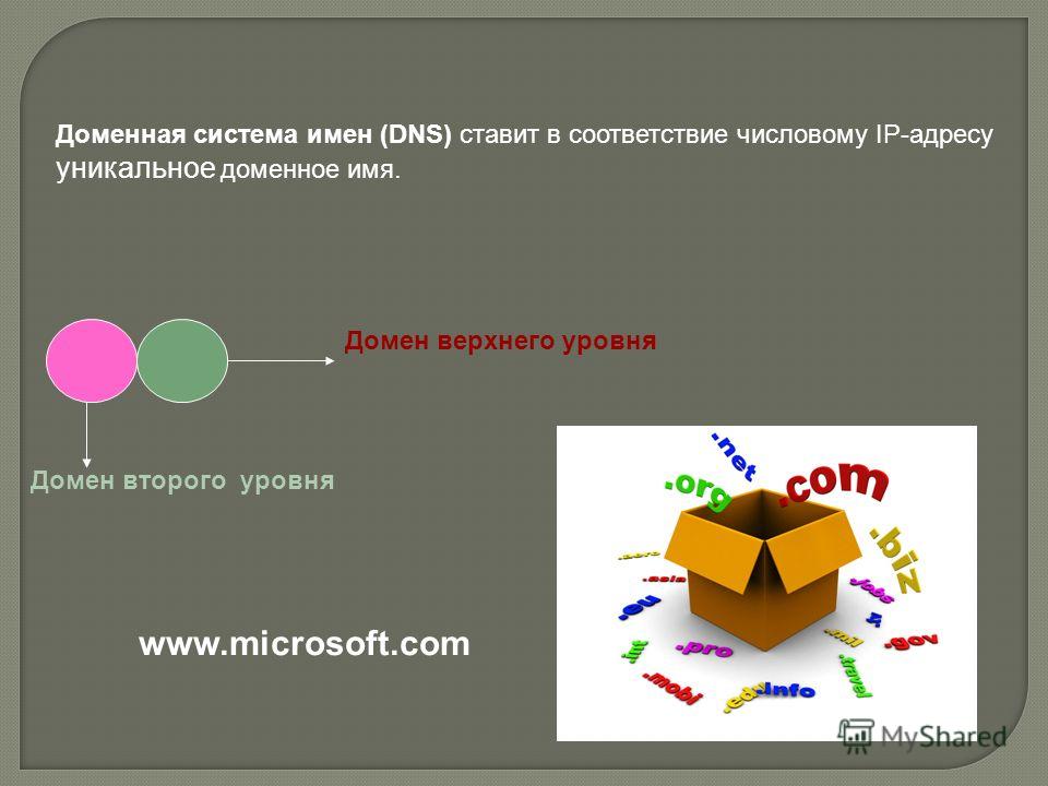 Доменная система имен (DNS) ставит в соответствие числовому IP-адресу уникальное доменное имя. Домен верхнего уровня Домен второго уровня www.microsoft.com