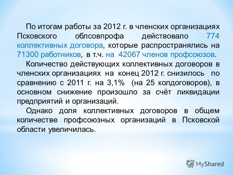 По итогам работы за 2012 г. в членских организациях Псковского облсовпрофа действовало 774 коллективных договора, которые распространялись на 71300 работников, в т.ч. на 42067 членов профсоюзов. Количество действующих коллективных договоров в членски