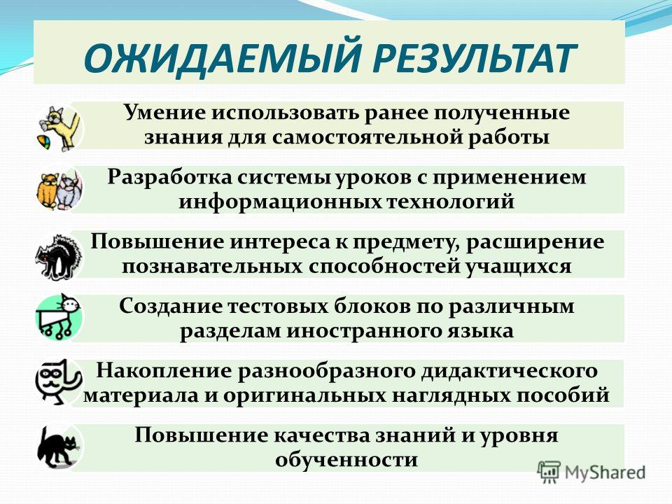 ОЖИДАЕМЫЙ РЕЗУЛЬТАТ Умение использовать ранее полученные знания для самостоятельной работы Разработка системы уроков с применением информационных технологий Повышение интереса к предмету, расширение познавательных способностей учащихся Создание тесто