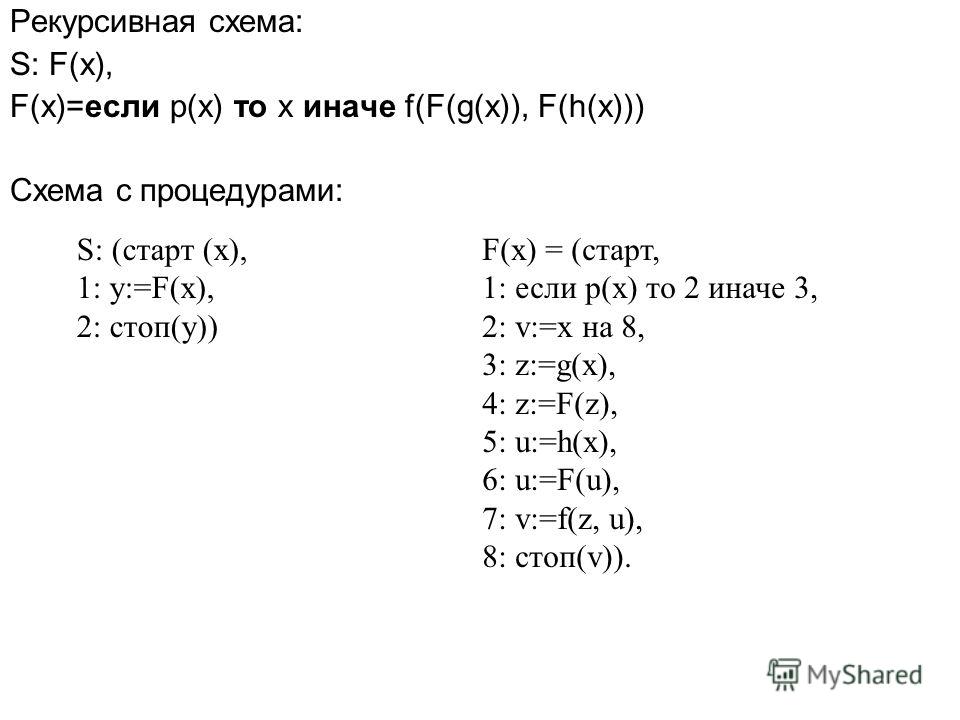 Рекурсивная схема: S: F(x), F(x)=если p(x) то x иначе f(F(g(x)), F(h(x))) Схема с процедурами: S: (старт (x), 1: y:=F(x), 2: стоп(y)) F(x) = (старт, 1: если p(x) то 2 иначе 3, 2: v:=x на 8, 3: z:=g(x), 4: z:=F(z), 5: u:=h(x), 6: u:=F(u), 7: v:=f(z, u
