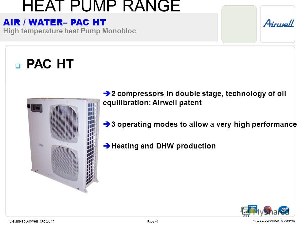 Page 40 Семинар Airwell Rac 2011 PAC HT 2 compressors in double stage, technology of oil equilibration: Airwell patent 3 operating modes to allow a very high performance Heating and DHW production AIR / WATER– PAC HT High temperature heat Pump Monobl