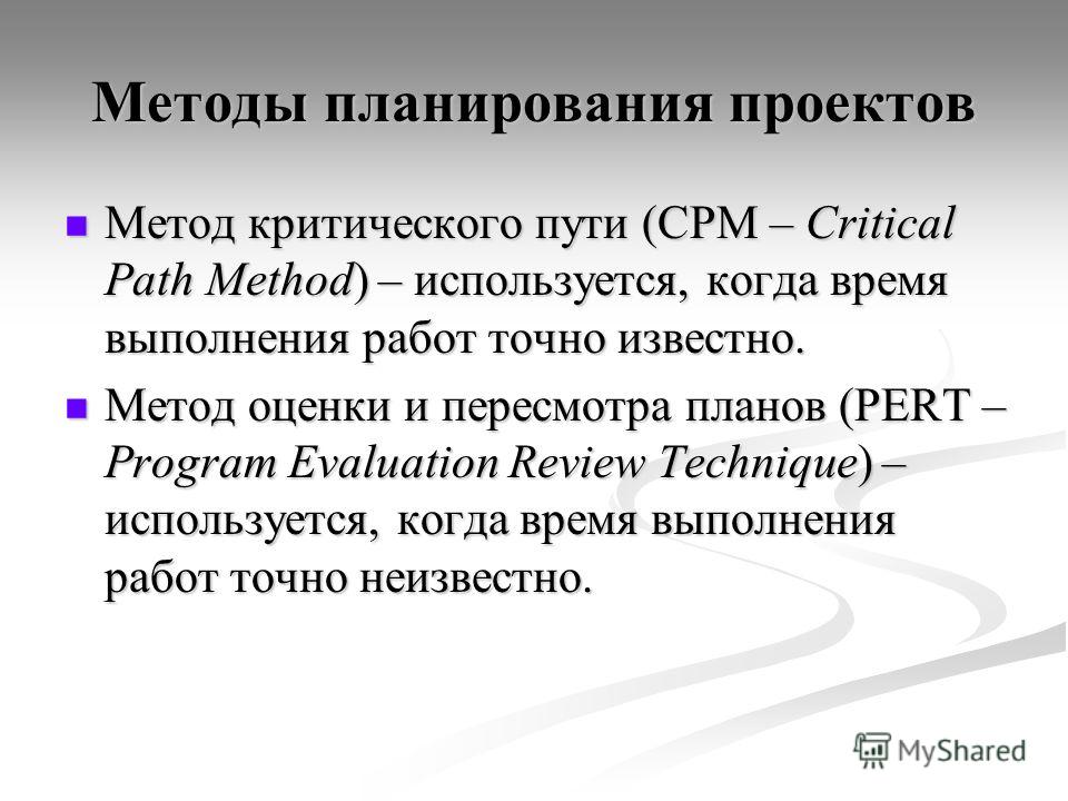 Методы планирования проектов Метод критического пути (CPM – Critical Path Method) – используется, когда время выполнения работ точно известно. Метод критического пути (CPM – Critical Path Method) – используется, когда время выполнения работ точно изв