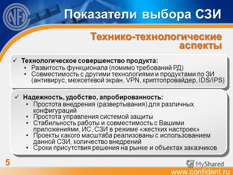 www.confident.ru Показатели выбора СЗИ Технико-технологические аспекты 5 Технологическое совершенство продукта: Развитость функционала (помимо требований РД) Совместимость с другими технологиями и продуктами по ЗИ (антивирус, межсетевой экран, VPN, к