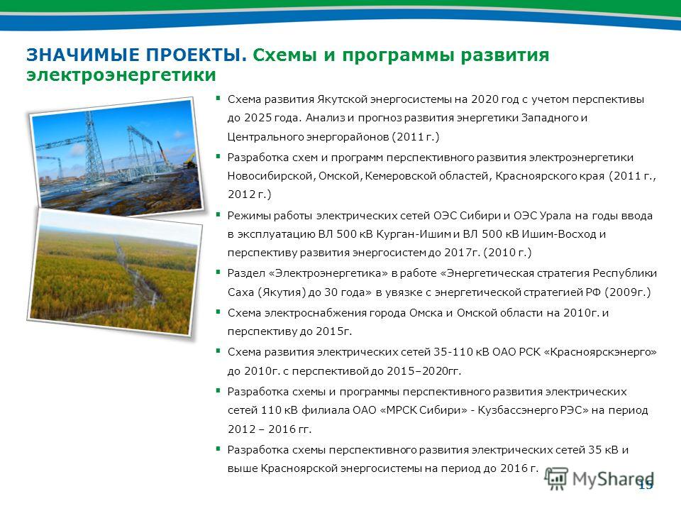 15 ЗНАЧИМЫЕ ПРОЕКТЫ. Схемы и программы развития электроэнергетики Схема развития Якутской энергосистемы на 2020 год с учетом перспективы до 2025 года. Анализ и прогноз развития энергетики Западного и Центрального энергорайонов (2011 г.) Разработка сх