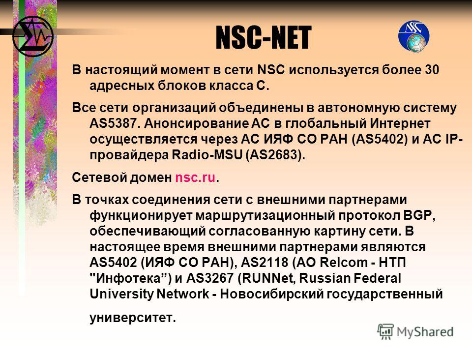 В настоящий момент в сети NSC используется более 30 адресных блоков класса С. Все сети организаций объединены в автономную систему AS5387. Анонсирование АС в глобальный Интернет осуществляется через АС ИЯФ СО РАН (AS5402) и АС IP- провайдера Radio-MS