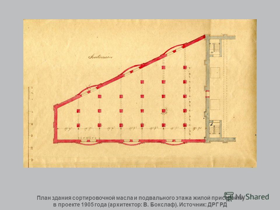 План здания сортировочной масла и подвального этажа жилой пристройки в проекте 1905 года (архитектор: В. Бокслаф). Источник: ДРГ РД