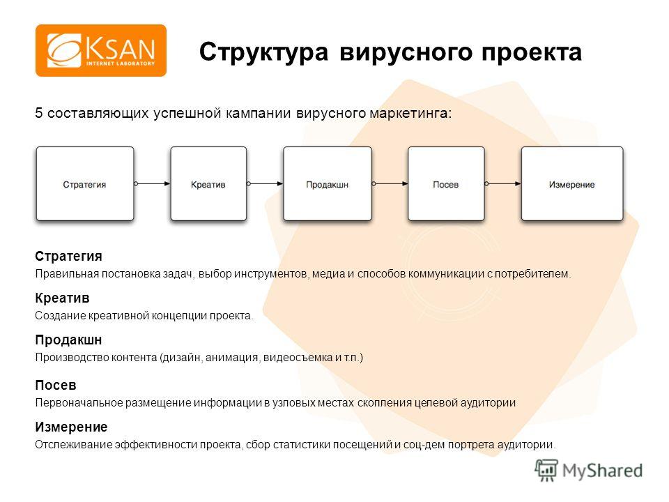 www.ksan.ru Структура вирусного проекта 5 составляющих успешной кампании вирусного маркетинга: Стратегия Правильная постановка задач, выбор инструментов, медиа и способов коммуникации с потребителем. Креатив Создание креативной концепции проекта. Про
