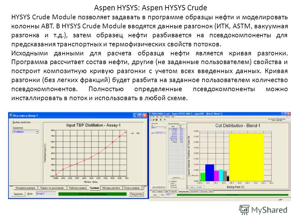 Aspen HYSYS: Aspen HYSYS Crude HYSYS Crude Module позволяет задавать в программе образцы нефти и моделировать колонны АВТ. В HYSYS Crude Module вводятся данные разгонок (ИТК, ASTM, вакуумная разгонка и т.д.), затем образец нефти разбивается на псевдо