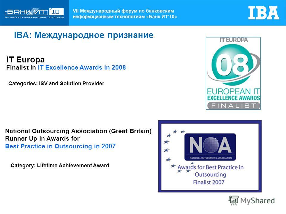 IBA: Международное признание IT Europa Finalist in IT Excellence Awards in 2008 Categories: ISV and Solution Provider National Outsourcing Association (Great Britain) Runner Up in Awards for Best Practice in Outsourcing in 2007 Category: Lifetime Ach