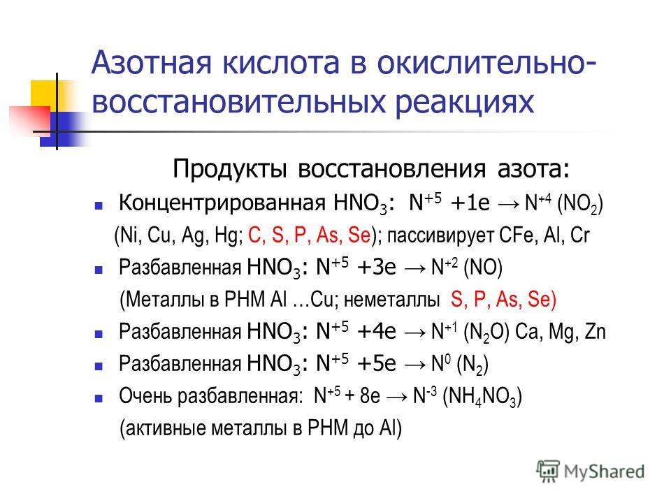 Азотная кислота в окислительно- восстановительных реакциях Продукты восстановления азота: Концентрированная HNO 3 : N +5 +1e N +4 (NO 2 ) (Ni, Cu, Ag, Hg; C, S, P, As, Se); пассивирует CFe, Al, Cr Разбавленная HNO 3 : N +5 +3e N +2 (NO) (Металлы в РН