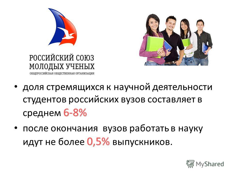 6-8% доля стремящихся к научной деятельности студентов российских вузов составляет в среднем 6-8% 0,5% после окончания вузов работать в науку идут не более 0,5% выпускников.