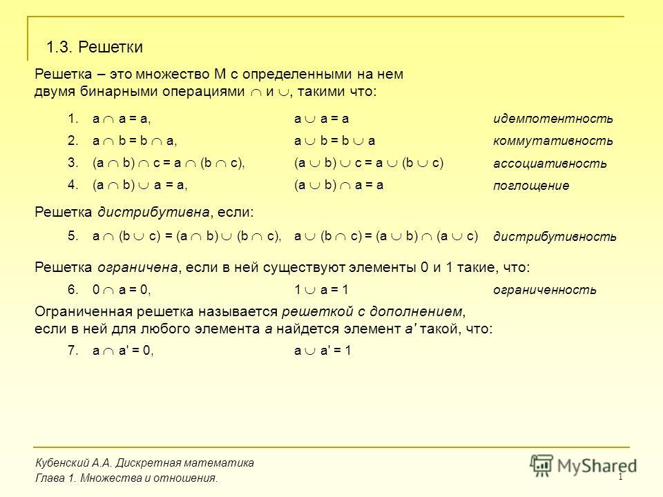 Презентация на тему: "1 Кубенский А.А. Дискретная математика Глава 1.  Множества и отношения Решетки Решетка – это множество M с определенными на  нем двумя бинарными операциями.". Скачать бесплатно и без регистрации.