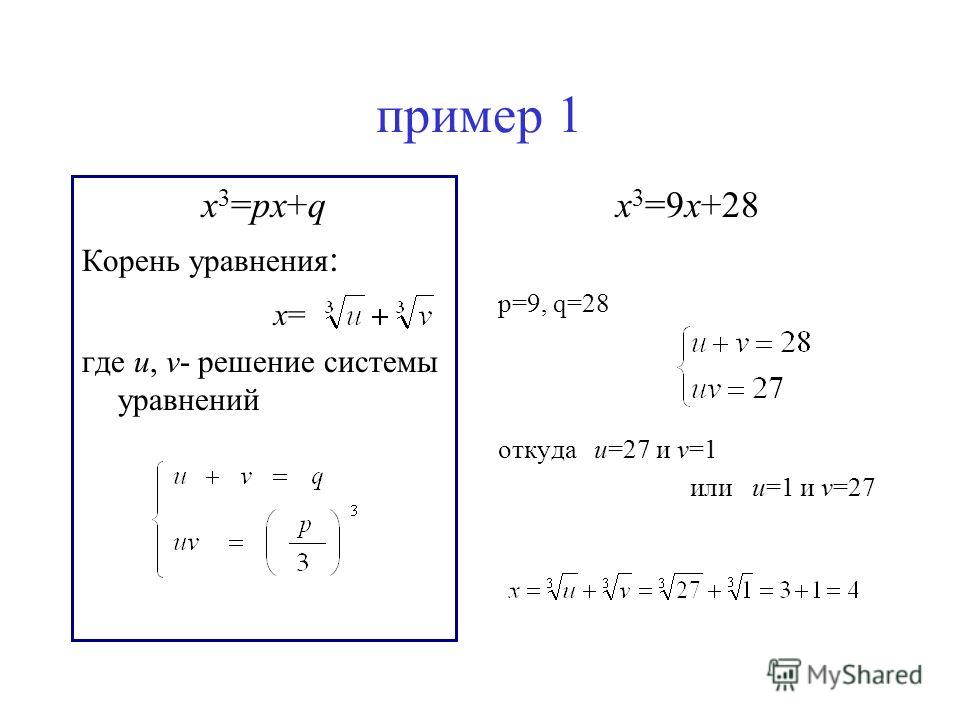 пример 1 x 3 =px+q Корень уравнения : x= где u, v- решение системы уравнений x 3 =9x+28 p=9, q=28 откуда u=27 и v=1 или u=1 и v=27
