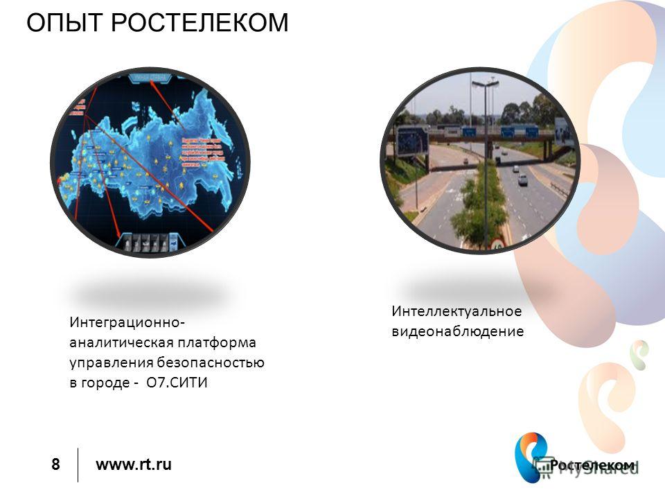 www.rt.ru 8 ОПЫТ РОСТЕЛЕКОМ Интеллектуальное видеонаблюдение Интеграционно- аналитическая платформа управления безопасностью в городе - О7.СИТИ