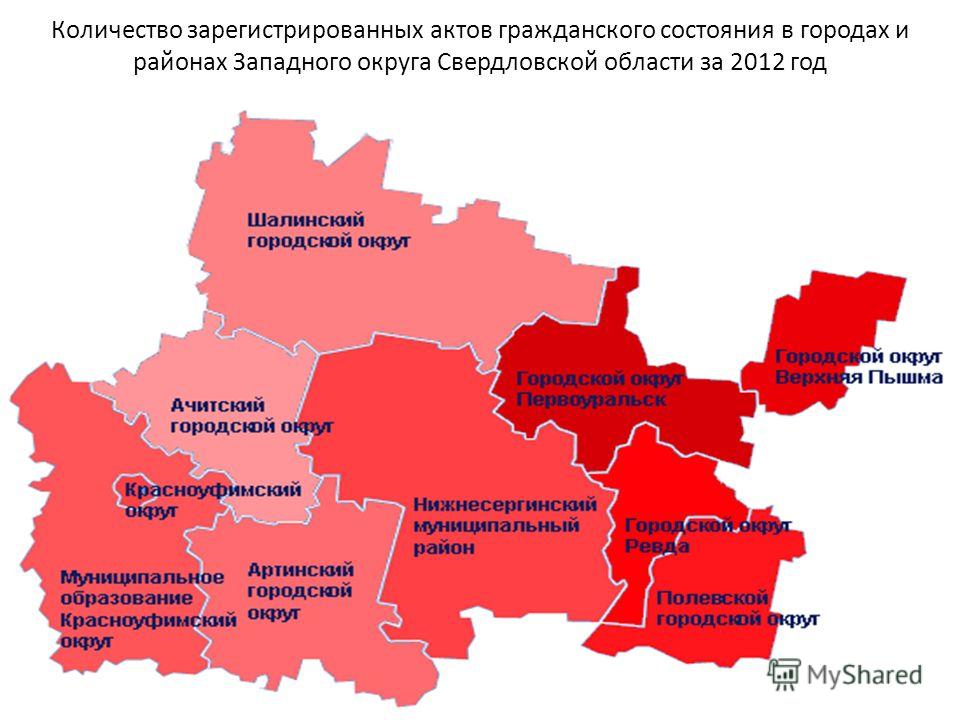 Количество зарегистрированных актов гражданского состояния в городах и районах Западного округа Свердловской области за 2012 год