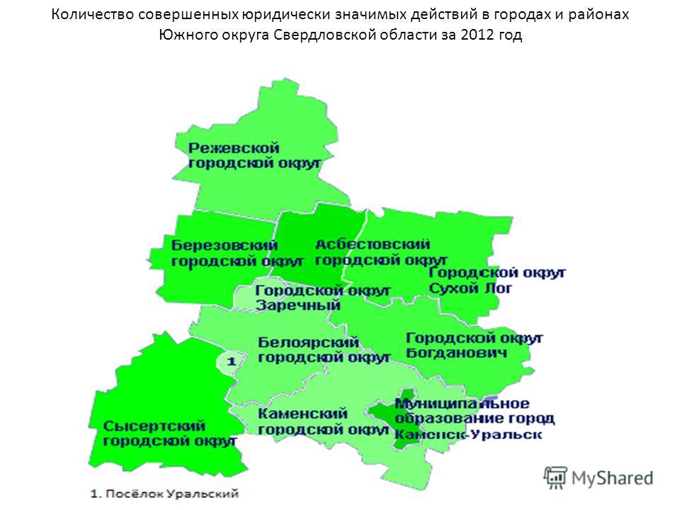 Количество совершенных юридически значимых действий в городах и районах Южного округа Свердловской области за 2012 год